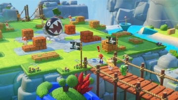 צילום מסך 3 למשחק: Mario + Rabbids Kingdom Battle לקונסולת נינטנדו סוויץ' מריו פיץ' יושי ולואיג'י ביחד בתוך עולם ראבידס