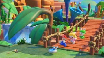 צילום מסך 2 למשחק: Mario + Rabbids Kingdom Battle לקונסולת נינטנדו סוויץ' מריו פיץ' יושי ולואיג'י ביחד בתוך עולם ראבידס