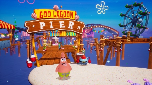 צילום מסך 1 למשחק: SpongeBob SquarePants Battle for Bikini Bottom Rehydrated פטריק ומר קארב במזח של God Lagoon