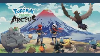 משחק Pokémon Legends: Arceus לנינטנדו סוויץ' - פוקימונים ודמויות מסתכלים מעבר לצוק
